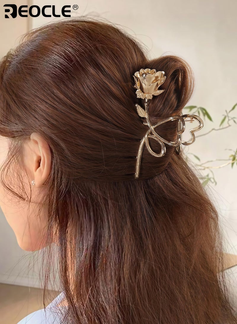 REOCLE Women's Elegant Hairpin Heart & Rose Motif Hair Claw Clip Decorative Hair Accessory Sturdy Styling Clip for Daily Use - Image 2