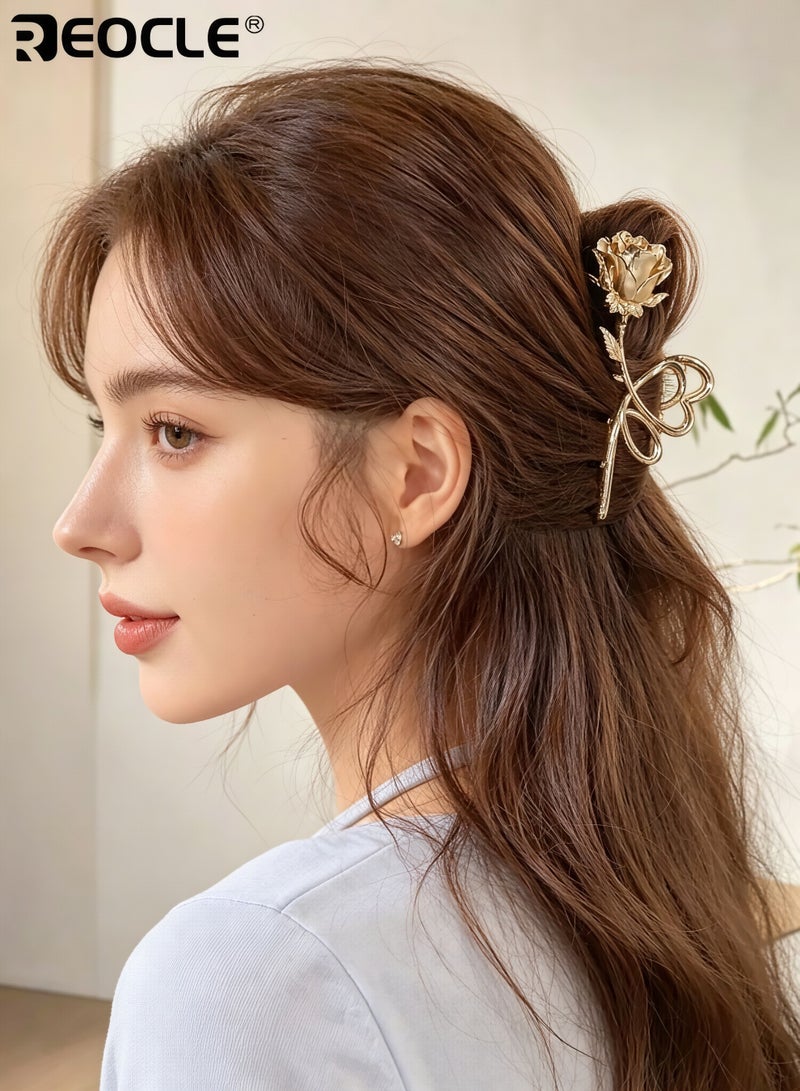 REOCLE Women's Elegant Hairpin Heart & Rose Motif Hair Claw Clip Decorative Hair Accessory Sturdy Styling Clip for Daily Use - Image 3
