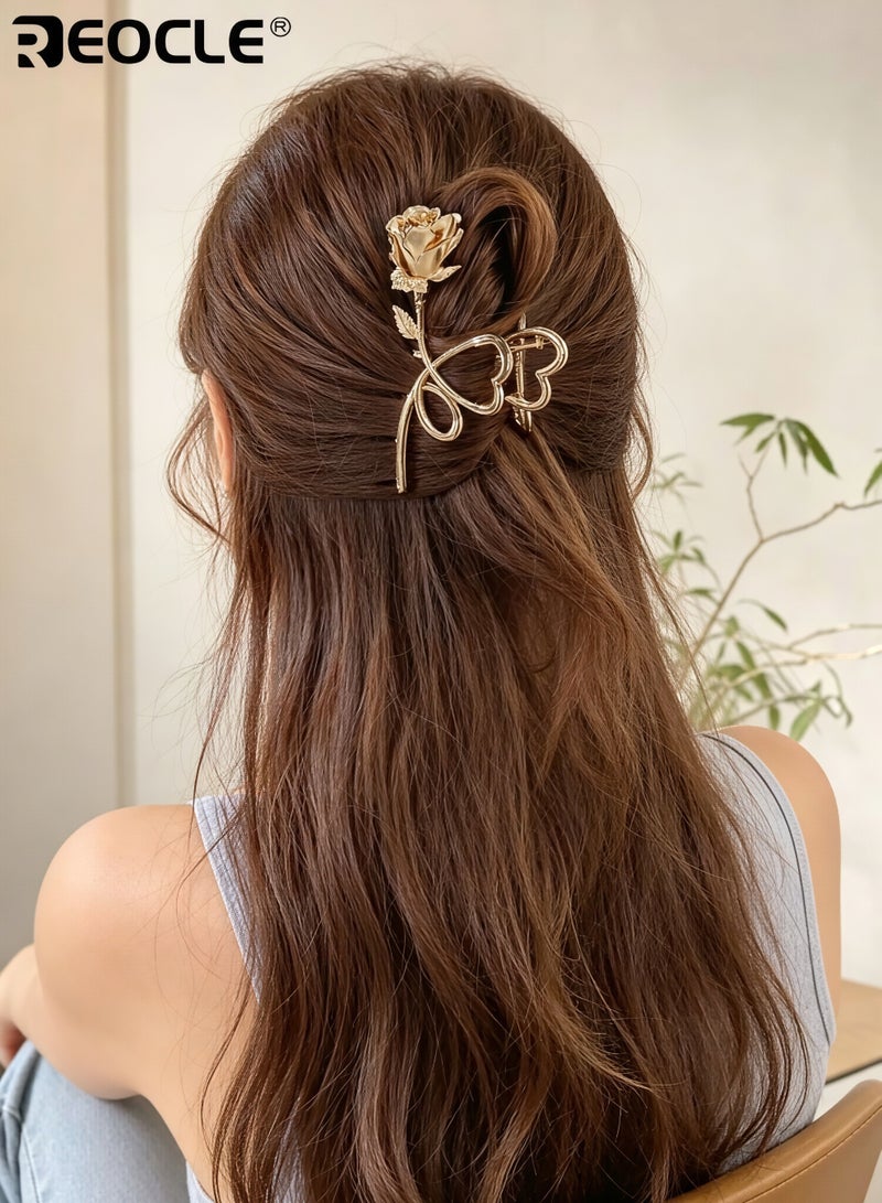 REOCLE Women's Elegant Hairpin Heart & Rose Motif Hair Claw Clip Decorative Hair Accessory Sturdy Styling Clip for Daily Use - Image 5
