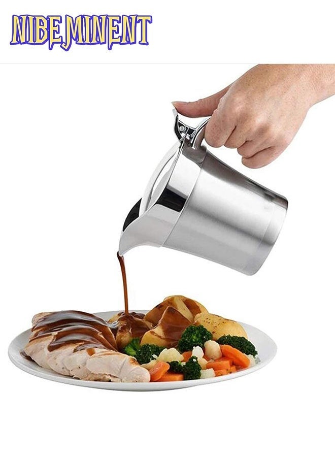 NIBEMINENT Double-Layer Insulated Gravy Boat - Stainless Steel Sauce Pot with Hinged Lid, Ideal for Serving Gravy, Cream, And Kitchen Essentials, Perfect Kitchenware for Home And Restaurant Use.16 oz/450 ml - Image 1