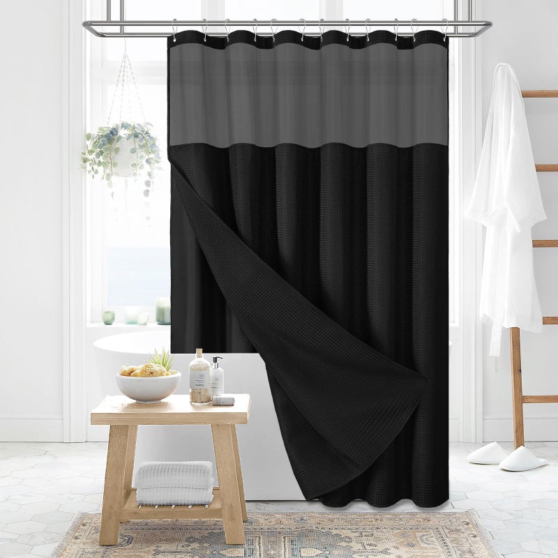 Dynamene 78 Inch Long Shower Curtain Tall Waffle Fabric Shower Curtains for Bathroom Hotel Waterproof Cloth Shower Curtain Liner Set with Hooks Snap in Liner Mesh Top Window Black 72x78