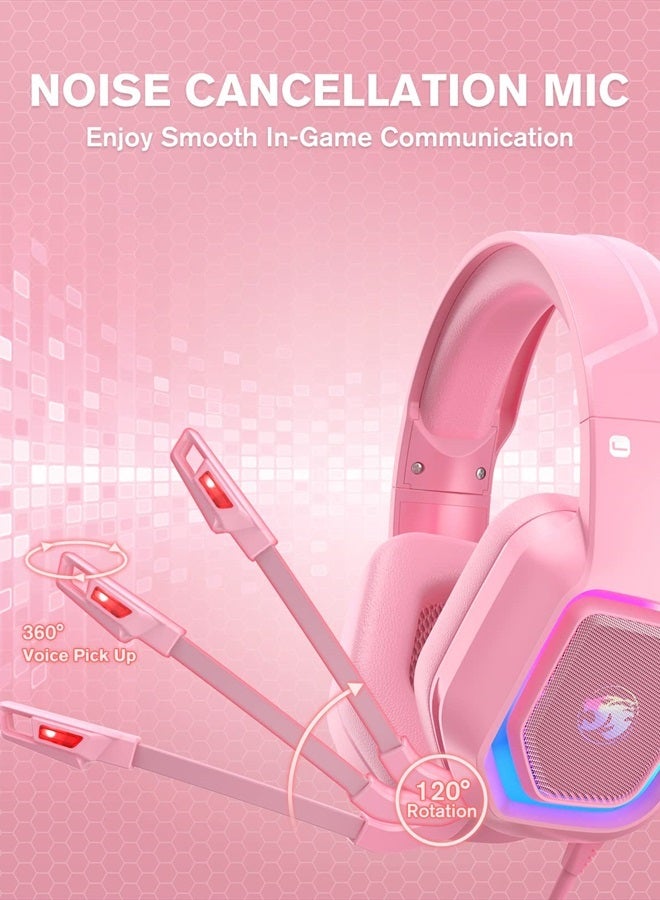ZIUMIER Z30 Pink Gaming Headset for PS4, PS5, Xbox One, PC, Wired Over-Ear Headphone with Noise Canceling Microphone, LED Flowing RGB Light, 7.1 Surround Sound,Comfortable Earmuffs - Image 3