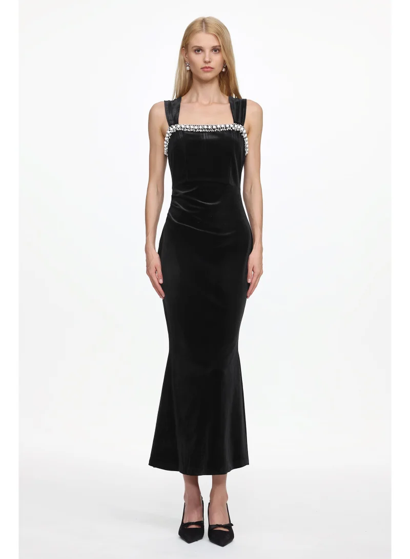 Bella Barnett Iresa Elegant Contour Sleeveless Pearl Rhinestone Velvet Maxi Dress