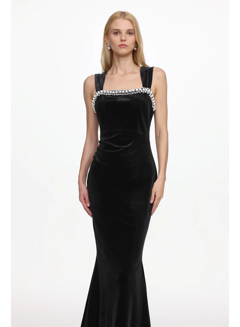 Bella Barnett Iresa Elegant Contour Sleeveless Pearl Rhinestone Velvet Maxi Dress