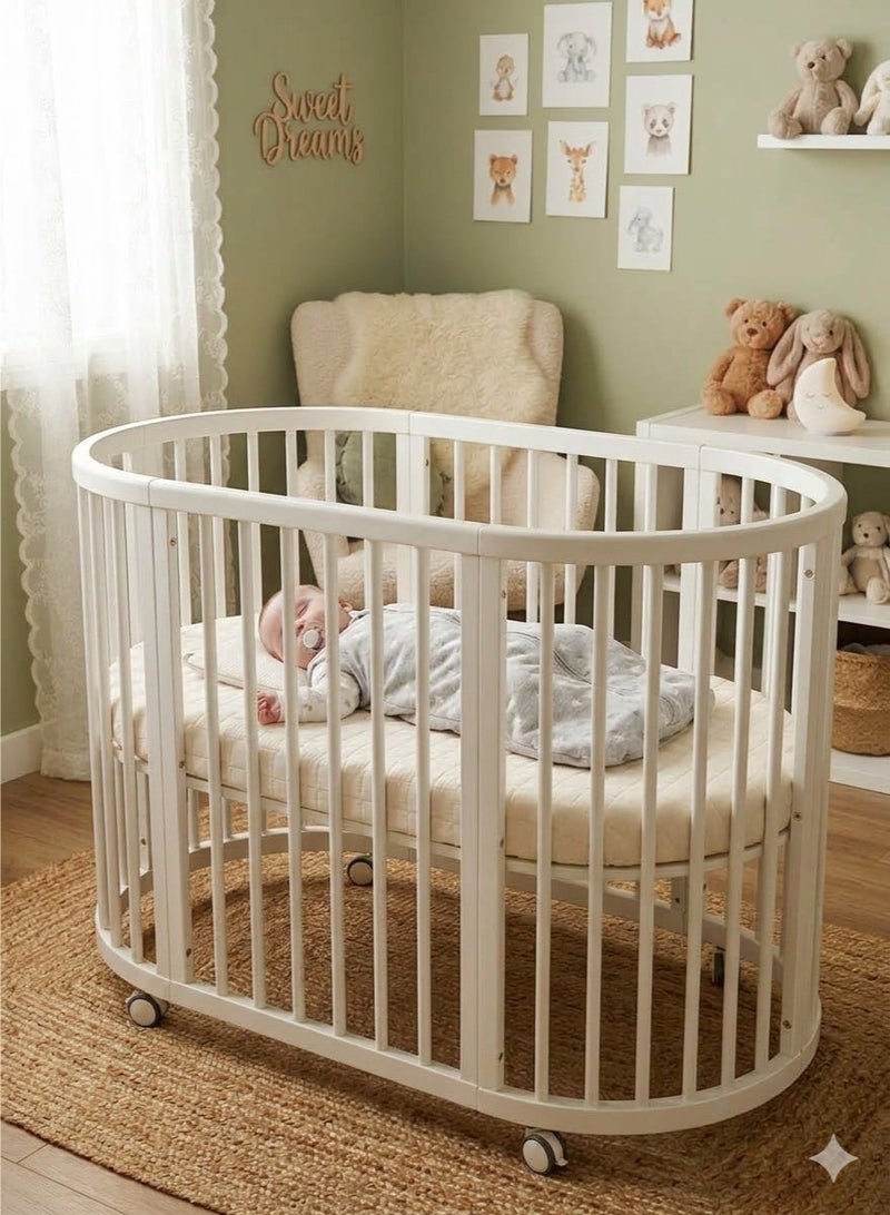 MaBaby Convertible Oval Baby Crib with Wheels & Changing Table, 9-in-1 Wooden Infant Bed to Toddler Bed & Kids Table Chair Set, 3-Level Adjustable Mattress Height, Mobile Baby Bassinet with Silent Casters, Expandable to 180cm Children’s Bed & Co-Sleeping Bed-Excluding mattresses and mosquito nets. - Image 2