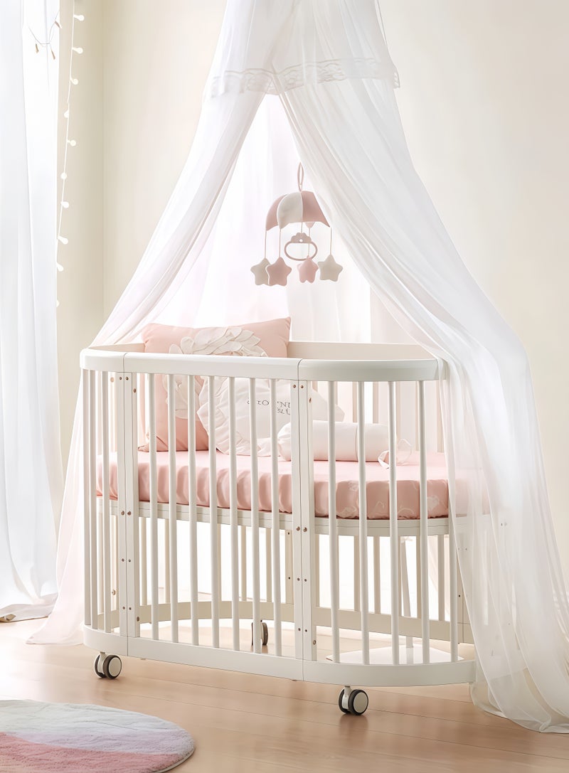 MaBaby Convertible Oval Baby Crib with Wheels & Changing Table, 9-in-1 Wooden Infant Bed to Toddler Bed & Kids Table Chair Set, 3-Level Adjustable Mattress Height, Mobile Baby Bassinet with Silent Casters, Expandable to 180cm Children’s Bed & Co-Sleeping Bed-Excluding mattresses and mosquito nets. - Image 1