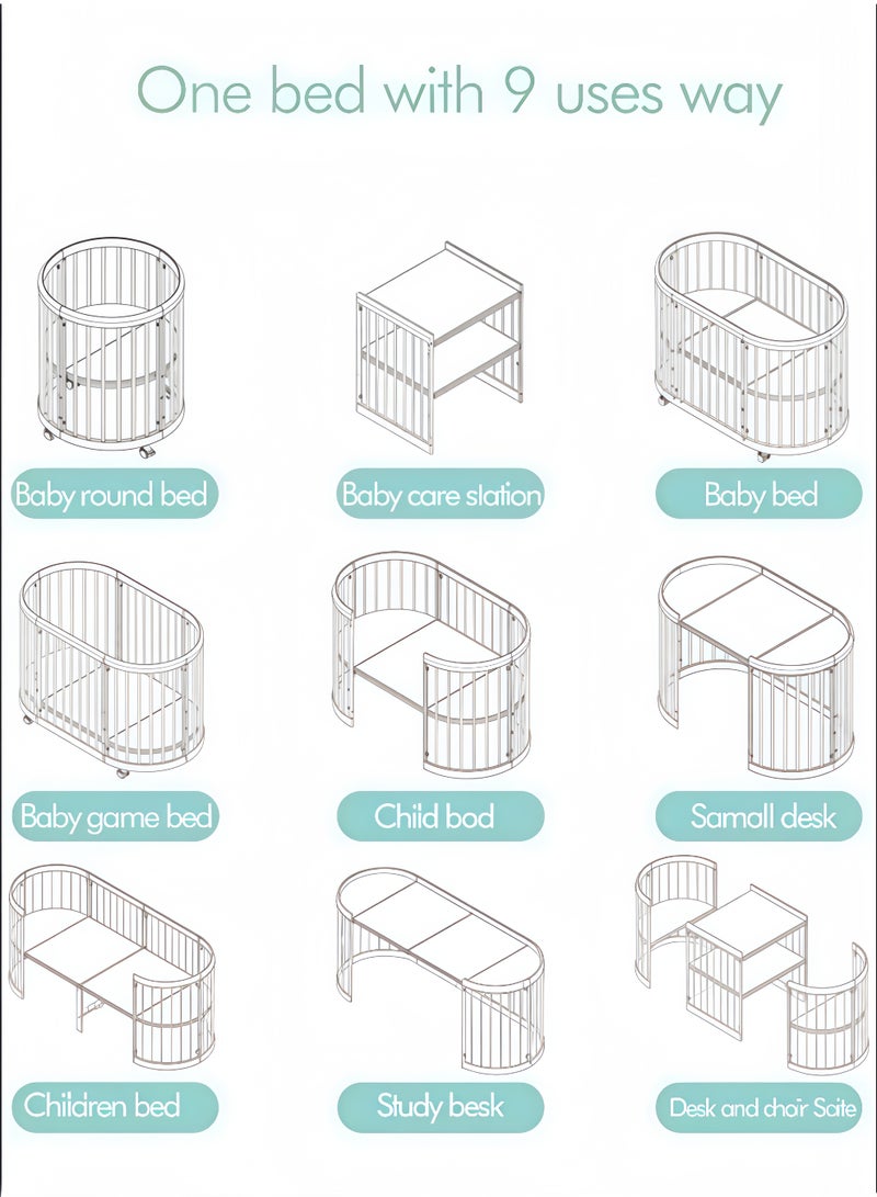 MaBaby Convertible Oval Baby Crib with Wheels & Changing Table, 9-in-1 Wooden Infant Bed to Toddler Bed & Kids Table Chair Set, 3-Level Adjustable Mattress Height, Mobile Baby Bassinet with Silent Casters, Expandable to 180cm Children’s Bed & Co-Sleeping Bed-Excluding mattresses and mosquito nets. - Image 4