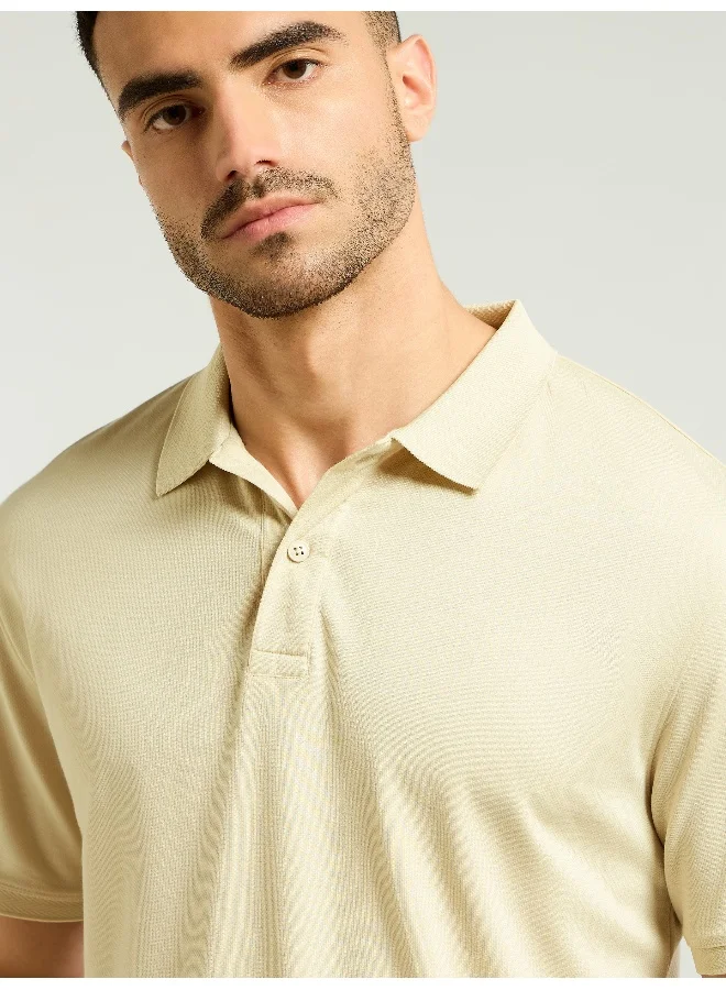 Beyoung Off White Ribbed Collar Polo T-Shirt for Men
