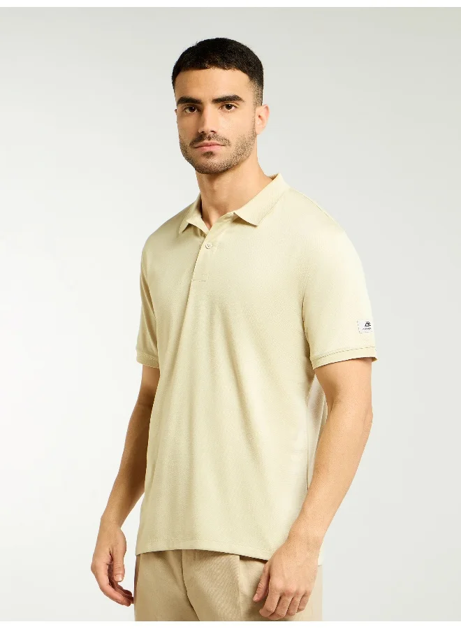 Beyoung Off White Ribbed Collar Polo T-Shirt for Men
