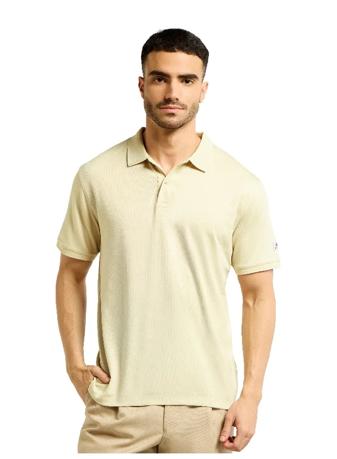 Beyoung Off White Ribbed Collar Polo T-Shirt for Men