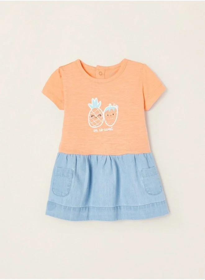 زيبي Cotton Dress for Newborn Baby Girls 'Pineapple&Strawberry', Orange/Blue