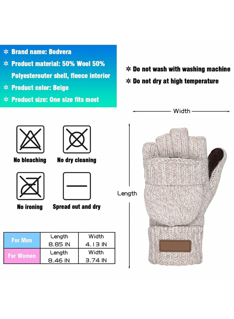 KASTWAVE Winter Gloves, Convertible Wool Mittens for Men and Women, Warm Thermal Knit Flip Top Snow Glove for Cold Weather Beige  - Image 4