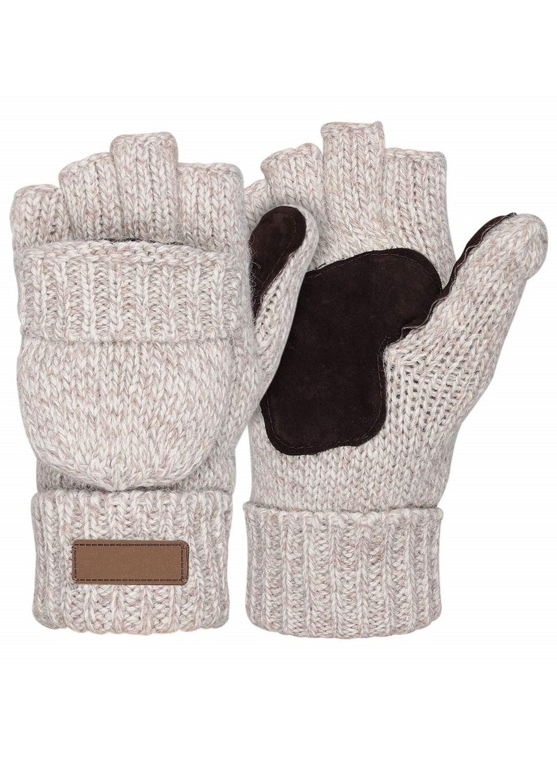 KASTWAVE Winter Gloves, Convertible Wool Mittens for Men and Women, Warm Thermal Knit Flip Top Snow Glove for Cold Weather Beige  - Image 1