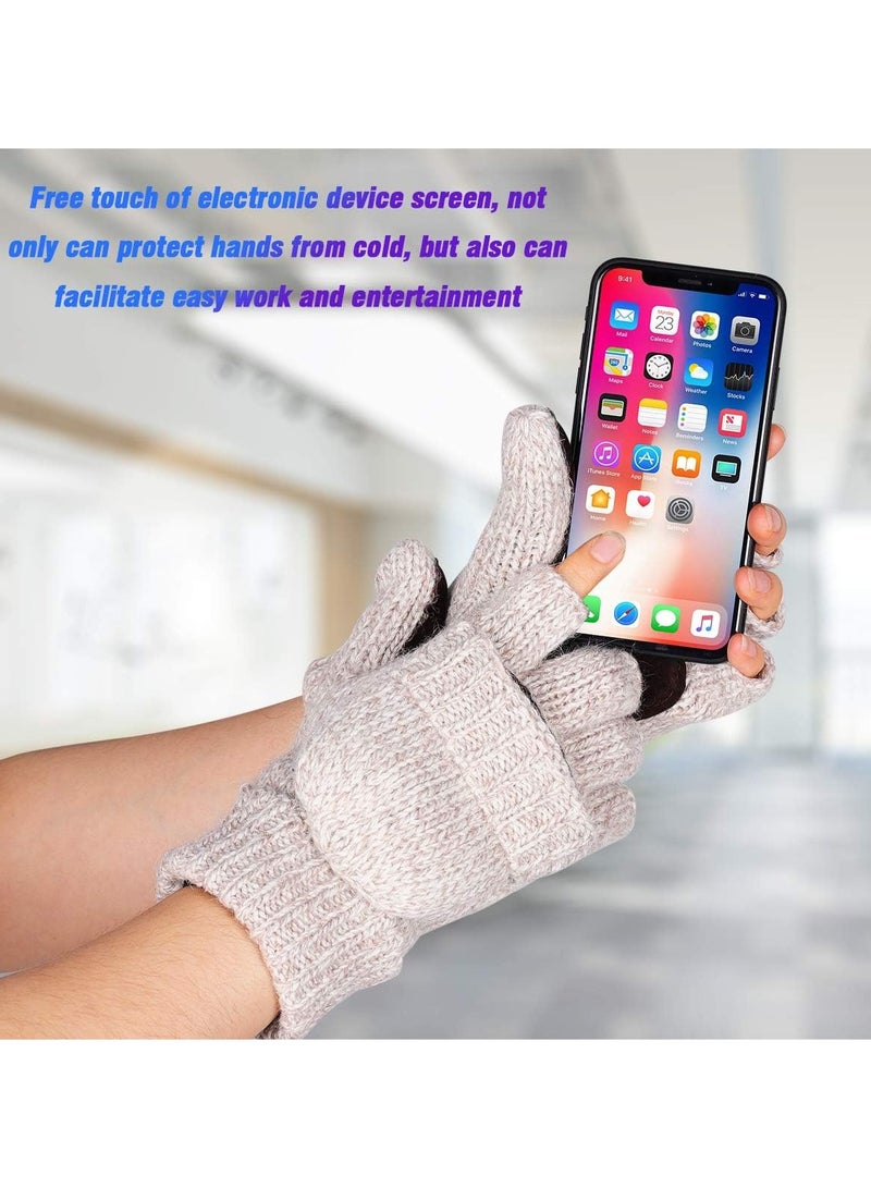 KASTWAVE Winter Gloves, Convertible Wool Mittens for Men and Women, Warm Thermal Knit Flip Top Snow Glove for Cold Weather Beige  - Image 3