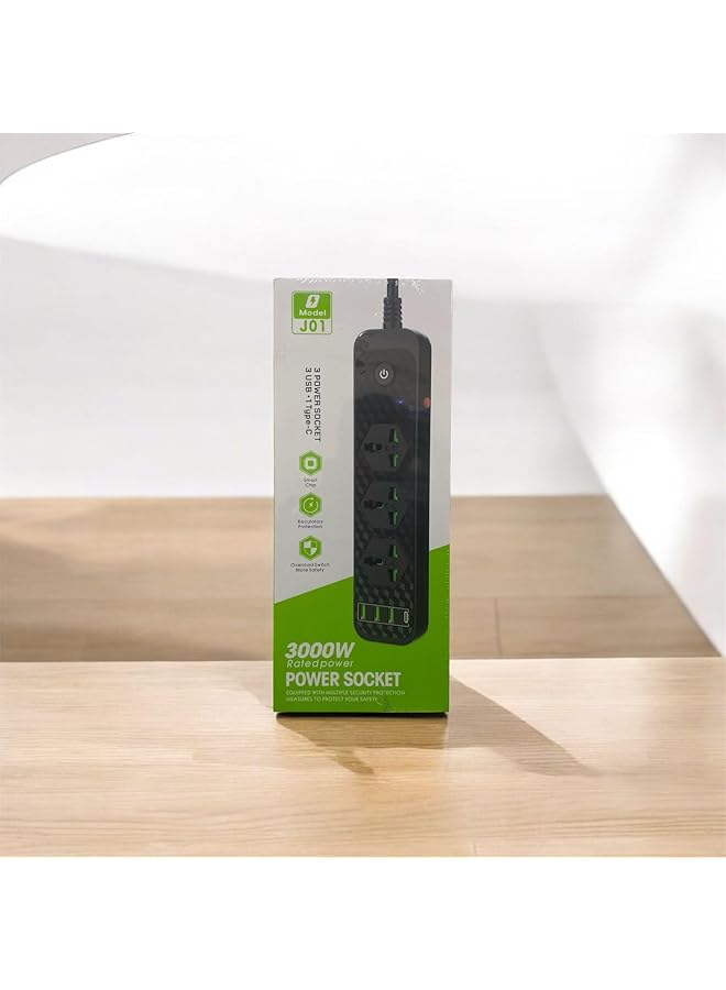 PROMASS Power Strip Extension Cord, 3 Outlets, 3 USB Ports, 1 Type-C Port, 2M, 3000W/16A, Flame Retardant, Black - Image 1