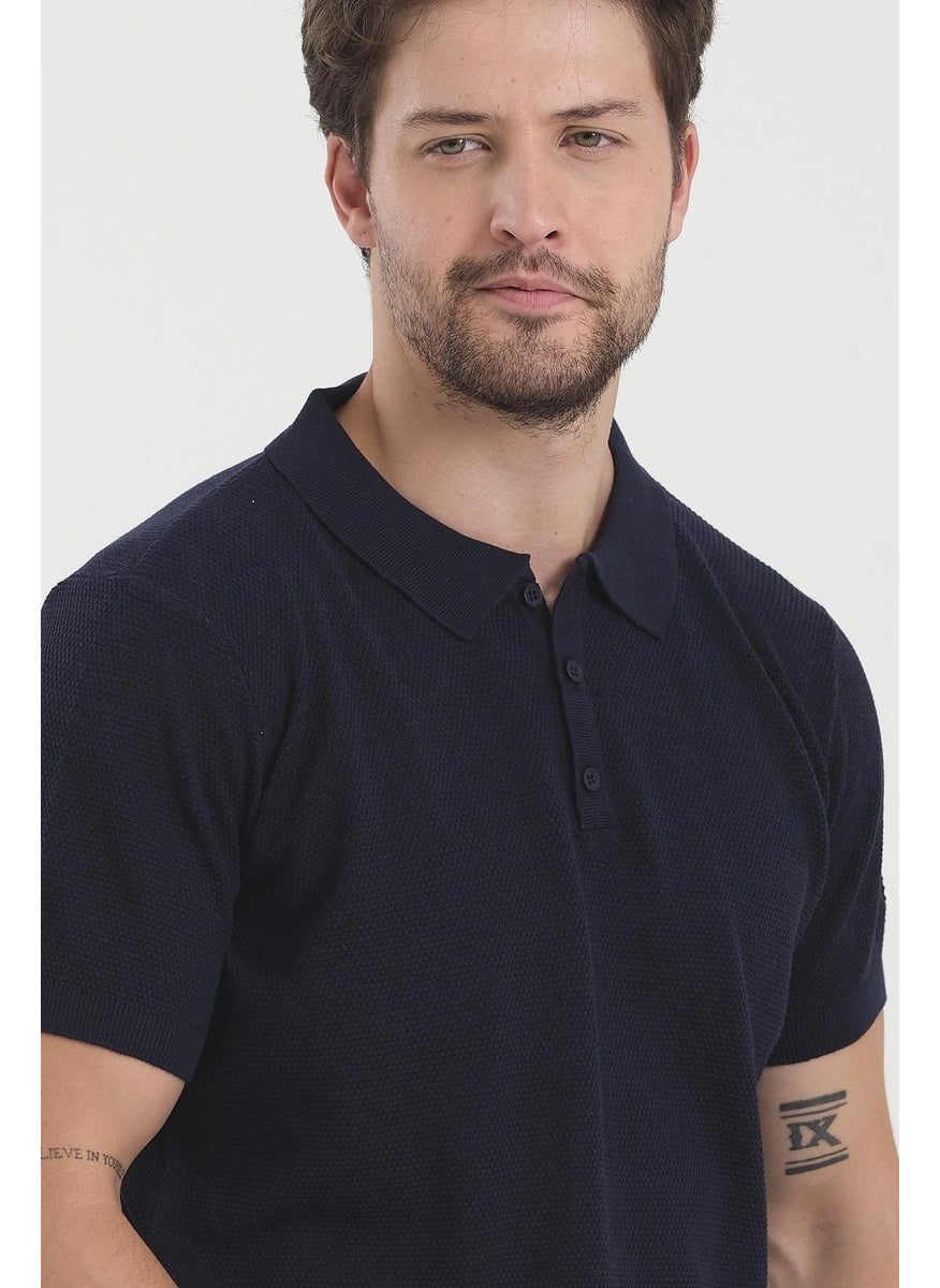 Odelon Men's Polo Neck Jacquard Knitwear T-Shirt Navy Blue  - Image 2