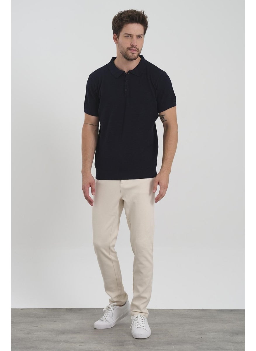 Odelon Men's Polo Neck Jacquard Knitwear T-Shirt Navy Blue  - Image 4