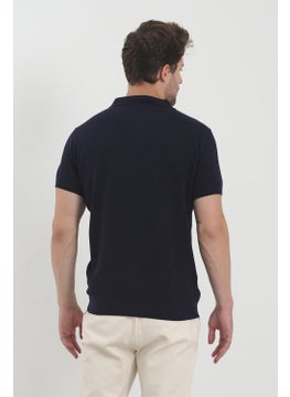 Odelon Men's Polo Neck Jacquard Knitwear T-Shirt Navy Blue  - Image 5