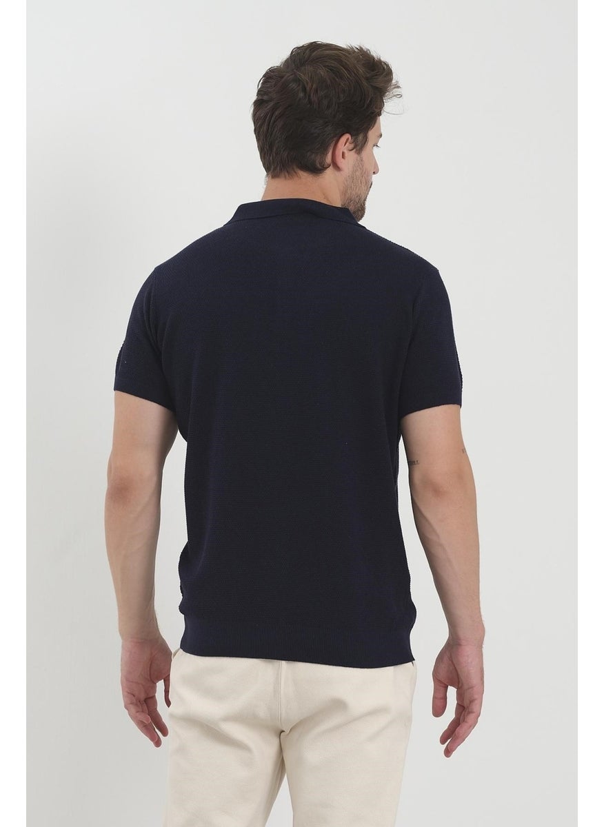 Odelon Men's Polo Neck Jacquard Knitwear T-Shirt Navy Blue  - Image 5