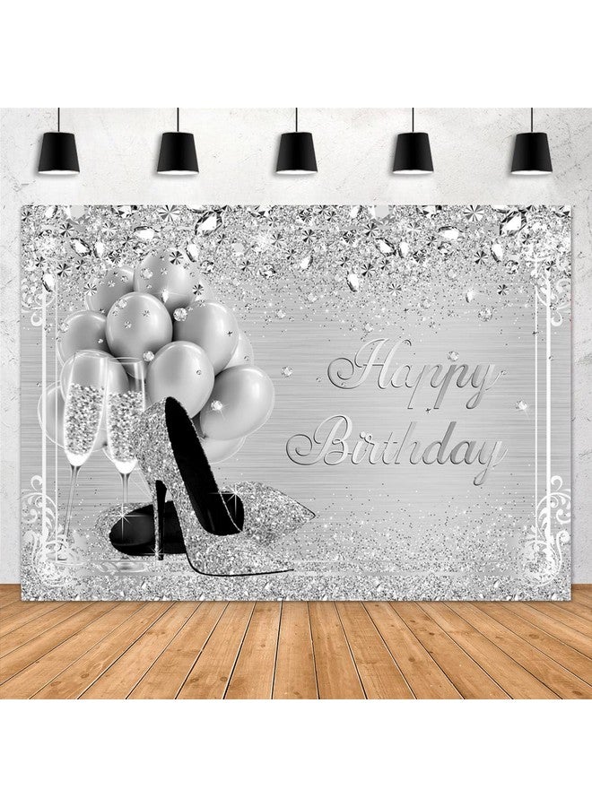 Aperturee 7X5Ft Silver Happy Birthday Backdrop Glitter Diamonds High Heel Balloons Champage Glass Girls Women Sweet 16 Photography Background Banner Supplies Photo Booth Studio Props Party Decoration - Image 1