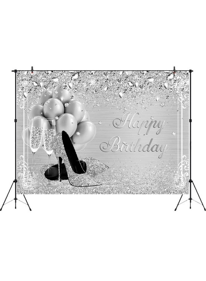 Aperturee 7X5Ft Silver Happy Birthday Backdrop Glitter Diamonds High Heel Balloons Champage Glass Girls Women Sweet 16 Photography Background Banner Supplies Photo Booth Studio Props Party Decoration - Image 3