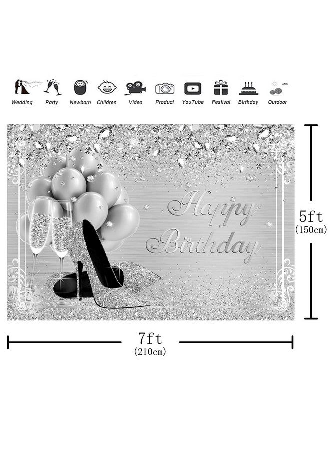 Aperturee 7X5Ft Silver Happy Birthday Backdrop Glitter Diamonds High Heel Balloons Champage Glass Girls Women Sweet 16 Photography Background Banner Supplies Photo Booth Studio Props Party Decoration - Image 4
