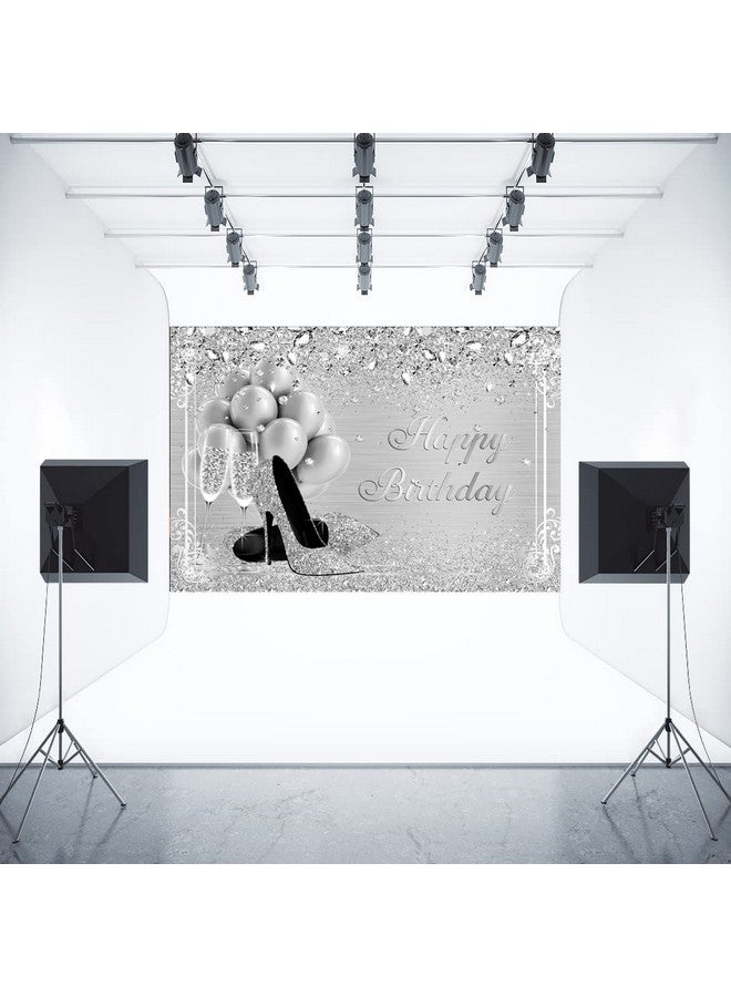 Aperturee 7X5Ft Silver Happy Birthday Backdrop Glitter Diamonds High Heel Balloons Champage Glass Girls Women Sweet 16 Photography Background Banner Supplies Photo Booth Studio Props Party Decoration - Image 5