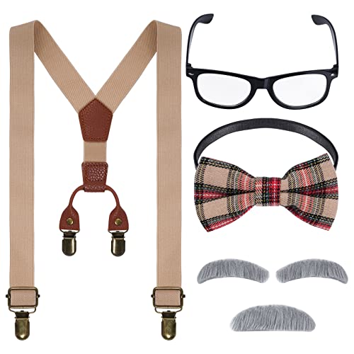 Kids 100 Day of School Old Man Costume Grandpa Outfit for Boys 1920s Halloween Dress Up Set Including Bow Tie Beard Eyebrow Suspenders Glasses