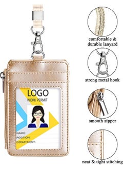 Unique Badge Holder with Side Zip Pocket, Multiple Card Slots Leather ID Holder Wallet with Neck Lanyard for Office Staffs, Teachers/Students, Couriers, Workers,（Golden）  - Image 2