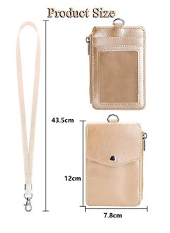 Unique Badge Holder with Side Zip Pocket, Multiple Card Slots Leather ID Holder Wallet with Neck Lanyard for Office Staffs, Teachers/Students, Couriers, Workers,（Golden）  - Image 3