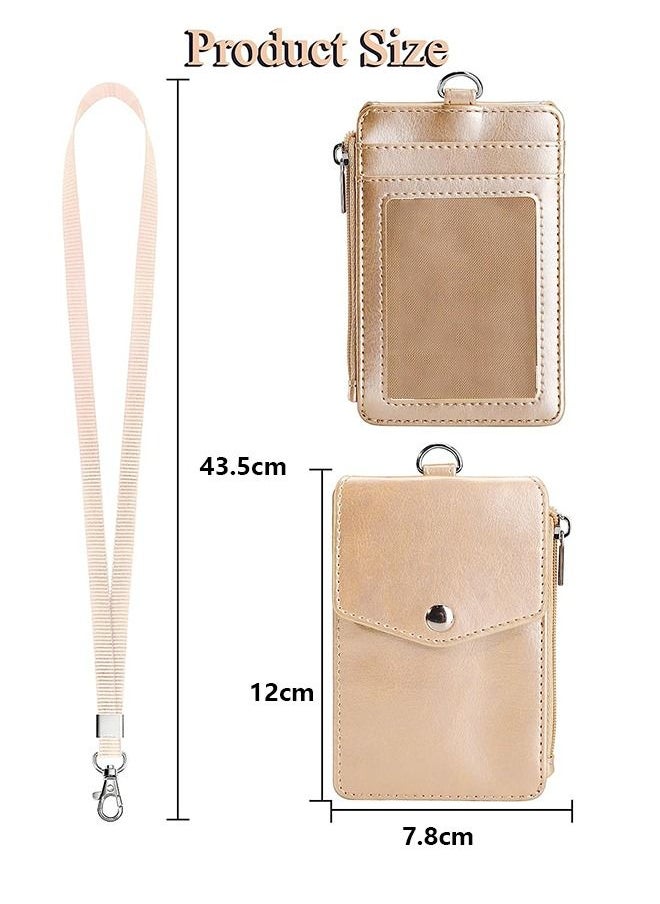 Unique Badge Holder with Side Zip Pocket, Multiple Card Slots Leather ID Holder Wallet with Neck Lanyard for Office Staffs, Teachers/Students, Couriers, Workers,（Golden）  - Image 3