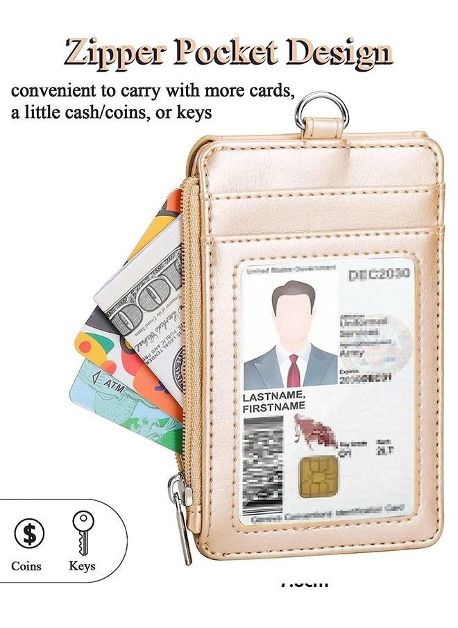 Unique Badge Holder with Side Zip Pocket, Multiple Card Slots Leather ID Holder Wallet with Neck Lanyard for Office Staffs, Teachers/Students, Couriers, Workers,（Golden）  - Image 5
