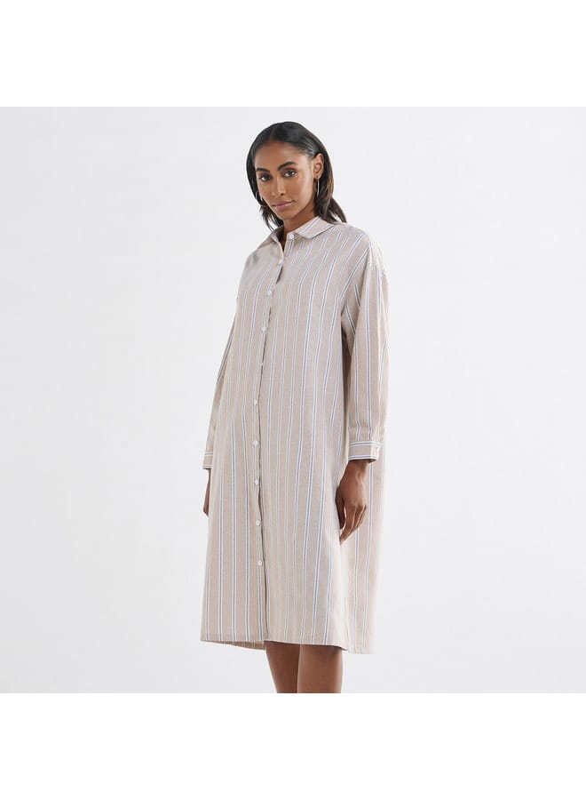 Splash FAV Striped Button Down Shirt Dress with Long Sleeves - Image 1