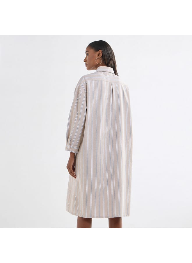 Splash FAV Striped Button Down Shirt Dress with Long Sleeves - Image 3