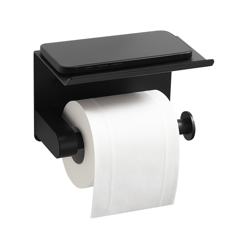 BGL Toilet Paper Holder with Shelf, Matte Black Rustproof Adhesive or Drill Installation Fits Mega Rolls Bathroom Tissue Holder - Image 1