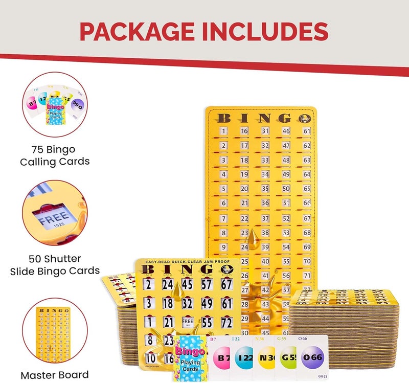 Mr Chips Jam-Proof Bingo Cards with Sliding Windows, 50 Reusable Shutter Cards, 75 Calling Cards 1 Master Board in Gold Rush Style - Image 3