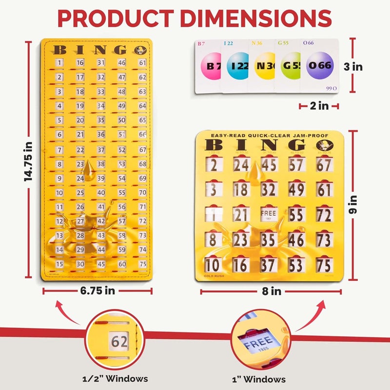 Mr Chips Jam-Proof Bingo Cards with Sliding Windows, 50 Reusable Shutter Cards, 75 Calling Cards 1 Master Board in Gold Rush Style - Image 5