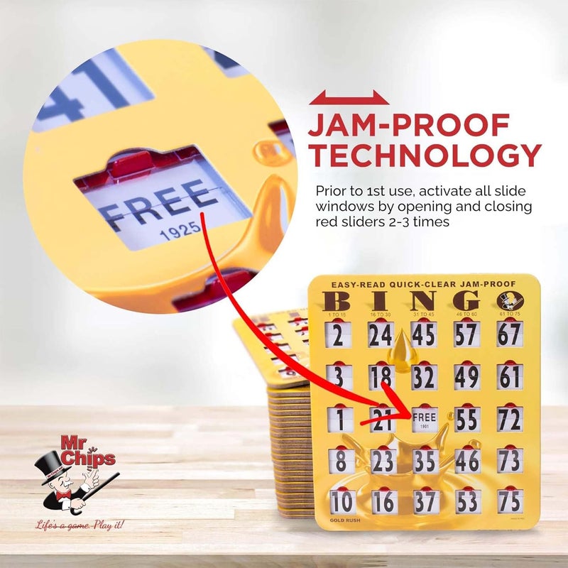 Mr Chips Jam-Proof Bingo Cards with Sliding Windows, 50 Reusable Shutter Cards, 75 Calling Cards 1 Master Board in Gold Rush Style - Image 2