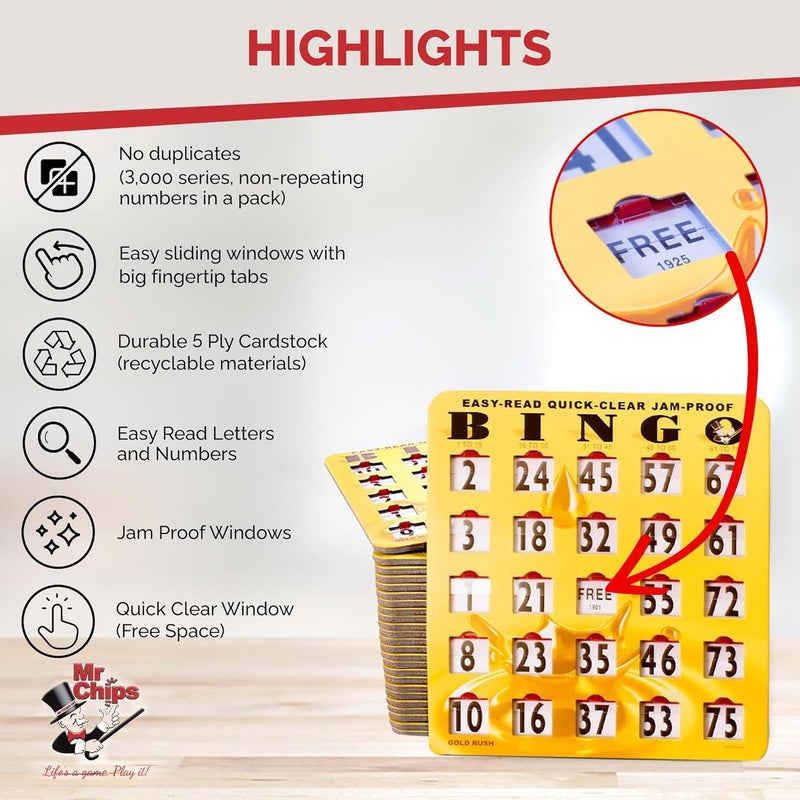 Mr Chips Jam-Proof Bingo Cards with Sliding Windows, 50 Reusable Shutter Cards, 75 Calling Cards 1 Master Board in Gold Rush Style - Image 4