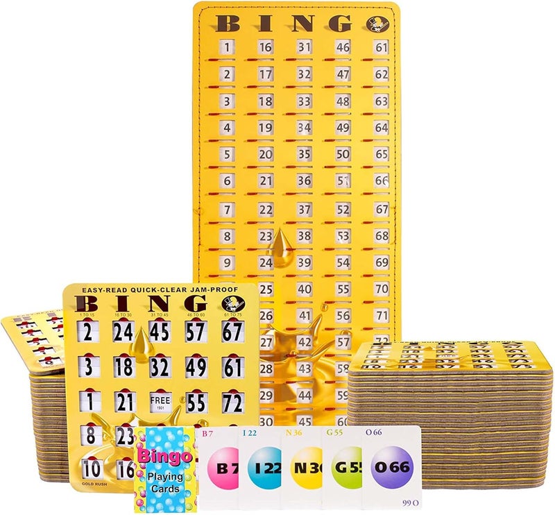 Mr Chips Jam-Proof Bingo Cards with Sliding Windows, 50 Reusable Shutter Cards, 75 Calling Cards 1 Master Board in Gold Rush Style - Image 1