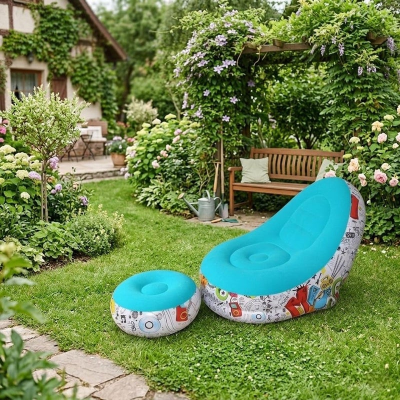 Inflatable Chair and Footrest Set (2 Pieces) - Velvet Lounge Sofa for Living Room, Camping, Beach - Multicolor (With Blower Gift) (Blue) - Image 3