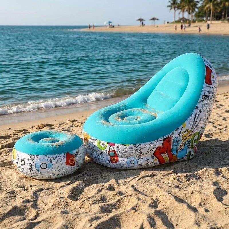 Inflatable Chair and Footrest Set (2 Pieces) - Velvet Lounge Sofa for Living Room, Camping, Beach - Multicolor (With Blower Gift) (Blue) - Image 2
