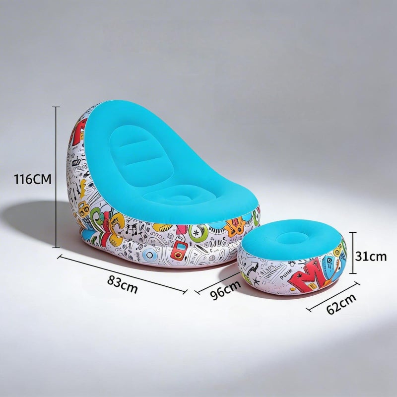 Inflatable Chair and Footrest Set (2 Pieces) - Velvet Lounge Sofa for Living Room, Camping, Beach - Multicolor (With Blower Gift) (Blue) - Image 5