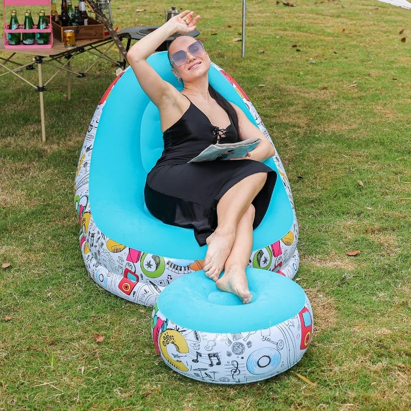 Inflatable Chair and Footrest Set (2 Pieces) - Velvet Lounge Sofa for Living Room, Camping, Beach - Multicolor (With Blower Gift) (Blue) - Image 4