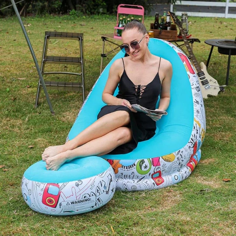 Inflatable Chair and Footrest Set (2 Pieces) - Velvet Lounge Sofa for Living Room, Camping, Beach - Multicolor (With Blower Gift) (Blue) - Image 1