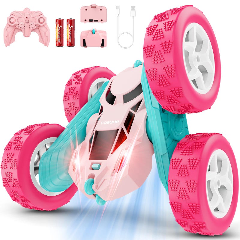 cosone RC Cars Pink Remote Control Car for Girls 24 GHZ Double Sided RC Stunt Car 360 Rotating Remote Control Cars with Headlights Toys for 6 7 8 9 10 11 12 Girls Birthday Gift - Image 3