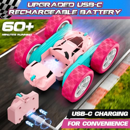 cosone RC Cars Pink Remote Control Car for Girls 24 GHZ Double Sided RC Stunt Car 360 Rotating Remote Control Cars with Headlights Toys for 6 7 8 9 10 11 12 Girls Birthday Gift - Image 5