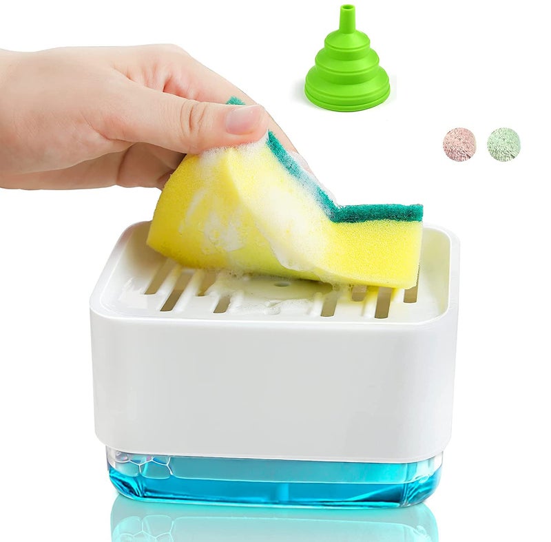 Styxon Kitchen Dish Soap Dispenser with Sponge Holder, Durable Soap Pump Dispenser & Drain Tray, 3 in 1 Dishwashing Dispenser for Countertop Including Sponge Funnel and Rag, White(ABS Plastic) - Image 1