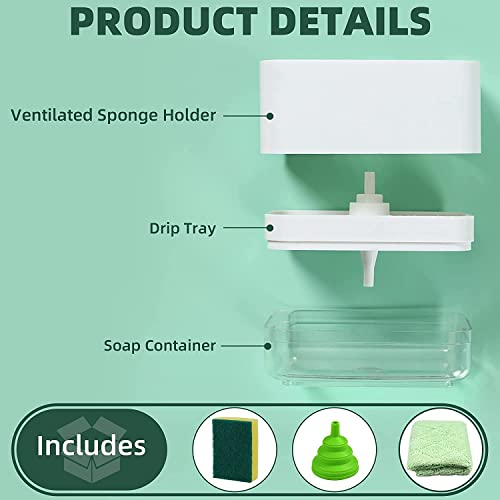 Styxon Kitchen Dish Soap Dispenser with Sponge Holder, Durable Soap Pump Dispenser & Drain Tray, 3 in 1 Dishwashing Dispenser for Countertop Including Sponge Funnel and Rag, White(ABS Plastic) - Image 4