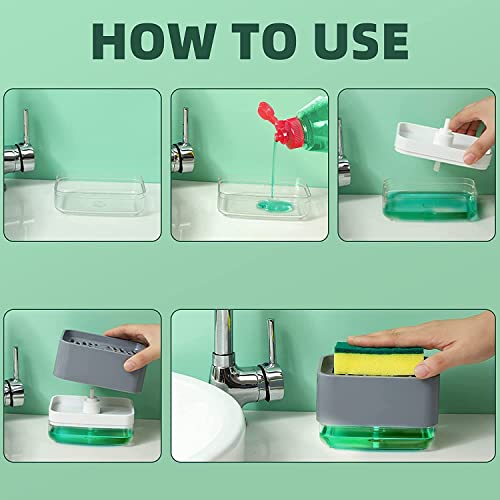 Styxon Kitchen Dish Soap Dispenser with Sponge Holder, Durable Soap Pump Dispenser & Drain Tray, 3 in 1 Dishwashing Dispenser for Countertop Including Sponge Funnel and Rag, White(ABS Plastic) - Image 2